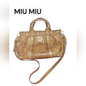 Vintage MIU MIU Light Brown Vitello Shine Top Handle Bag W/ Crossbody Strap.